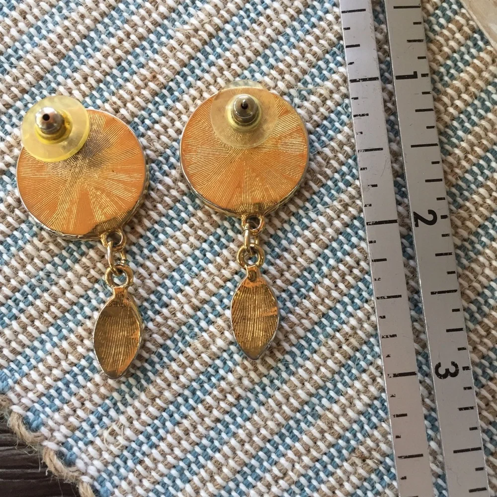 VINTAGE 1990’s Statement Earrings Gold Medalion & Rhinestone